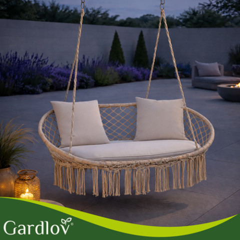 Садова гойдалка Gardlov "Гніздо лелеки" двомісна до 300 кг + 3 подушки бежева