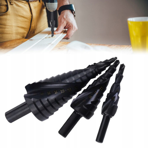 Набор прочных спиральных конусных сверл 3 шт HSS по металлу 4-32 мм.